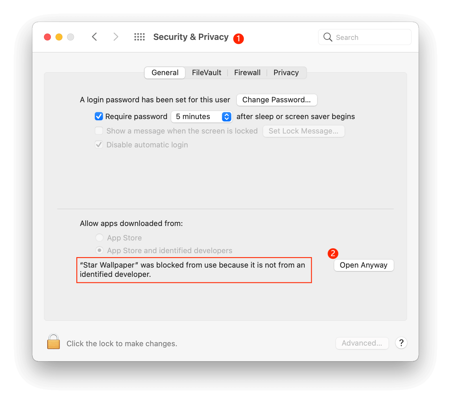 macOS System Preferences Privacy & Security settings showing Star Wallpaper app blocked message